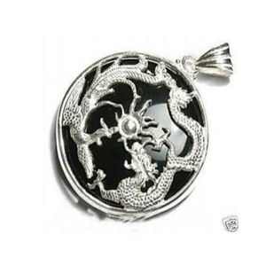 Whole cheap Exquisite black jade silver dragon pendant Chain2261