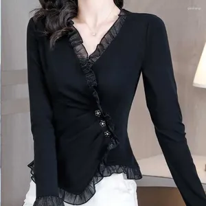 Kvinnors blusar eleganta knappar vikar rufsar asymmetriska kläder 2023 Autumn Winter Loose Korean Topps Princess Sleeve Shirts