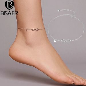 Anklets Bisaer Infinity Love Anklets 925 Sterling Silver Geometric Heart Chain Anklets for Women Feet Leg Chain Link Jewelry Ect019 231211