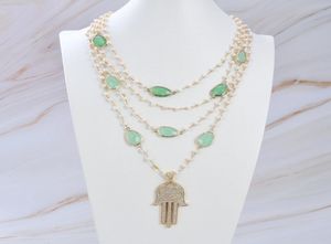 Guaiguai smycken 4 rader naturlig odlad vit pärlkedja grön kristallanslutning halsband handgjorda för kvinnor riktiga ädelstenar sten lad1468296