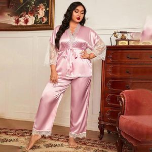 Damen Nachtwäsche Sommer Sexy Rosa Spitze Pyjamas Eis Seide Hosen Frauen Plus Größe Strickjacke Lässig Für