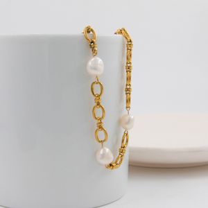 splicing chain necklace female simple fashion stainless steel clavicle chain European and American personality Baroque freshwater pearl thick chain