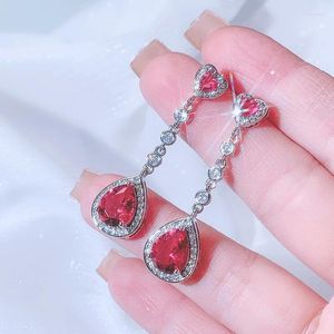 Kolczyki Dangle Red Drop For Women stworzone rubinowy kamień szlachetny 925 Srebrna igła drobna biżuteria moda