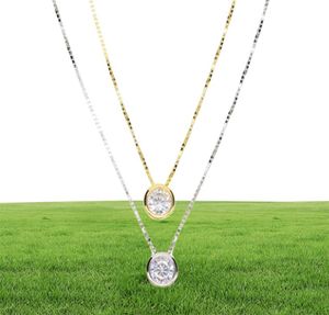 2018 Senaste Single Stone Necklace Fine Delicate Box Chain 925 Sterling Silver Bezel 5mm Sparking Cubic Zirconia Simple Jewelry3586008