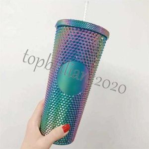 Tazza da caffè con bicchiere freddo tempestato di unicorno iridescente bling Starbucks Durian da 24 once con cannuccia di plasticaV8SUV8S2938