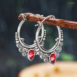 Çember küpeler vintage kırmızı su damlası zirkon kadınlar için zarif gümüş renkli metal oyma spiral parti mücevher hediyeleri
