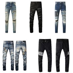 Jeans da uomo Jeans viola firmati Amirs High Street Hole Star Patch Pantaloni slim fit elasticizzati con pannello ricamato a stella da donna