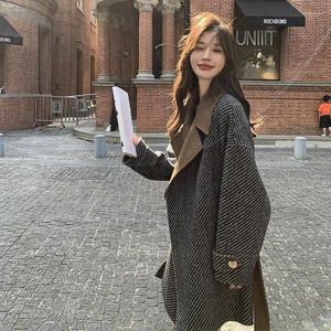 Women's Suits Korean Style Striped Color-Block Woolen Coat For Women Autumn Winter 2023 Arrivals Petite High-End Feel Thick Wool Jacket