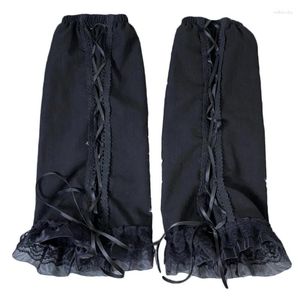 Women Socks Girl Gothic Punk Black Harajuku Lace-Up Bandage Calf Ruffled spets Foot Cover 37JB