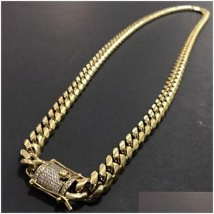 Correntes Mens 18K Tom de Ouro 316L Aço Inoxidável Cuban Link Chain Colar Curb com Diamantes Fecho Bloqueio Drop Delivery Jóias Necklac Dhvjm