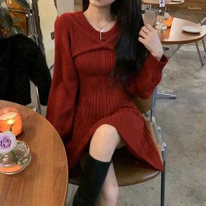 Casual Dresses Women Solid Bow Sticke Dress Lady Elegant Slim Fit Sweater Long Robe Autumn Fashion Party Club Lantern Sleeve Knit V43