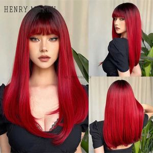 Synthetic Wigs HENRY MARGU Ombre Red Long Straight Synthetic Wig Dark Roots Wigs with Bangs Red Color Daily Party Hair for Women Heat ResistantL240124