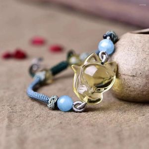 Charm Bracelets Design Fresh Women's Natural Yellow Crystal Bracelet Carved Pendant Hand Knitted Blue Rope Adjustable