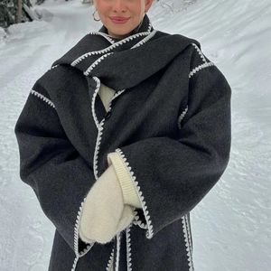 Kvinnors ull blandar svartgrå kvinnors kappa lös ulljacka Autumn Scarf Ytterväder Trend Elegant Vintage Fashion Contrast Stylish Chic Warm 231212