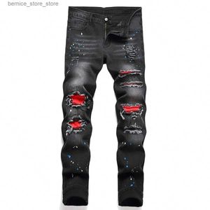 Men's Jeans Men Stretchy Ripped Skinny Biker Embroidery Cartoon Print Jeans Destroyed Hole Slim Fit Denim High Quality Hip Hop Black Jeans Q231213