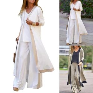 Kvinnors tvåbitar byxor 1 Set Elegant Cardigan Camisole Color Block Loose Long Sleeve Mid midjedräkt
