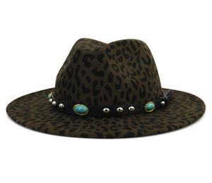 Moda unissex estilo europeu feminino lã fedora chapéus com faixa de couro turquesa borda larga leopardo impressão jazz feltro hat8105383