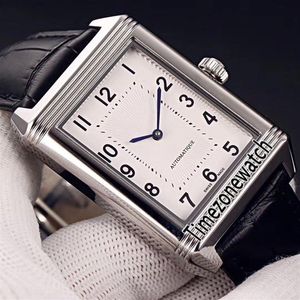 New Reverso Classic Medium Thin 2548520 Miyota 8215 자동 남성 시계 강철 케이스 흰색 다이얼 검은 가죽 스트랩 타임 존 워치 e228f