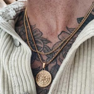 Gold Color Mens Compass NecklacesVintage Viking North Star Anchor Medal14k Yellow Pendant for Male Dad Boyfriend Gift