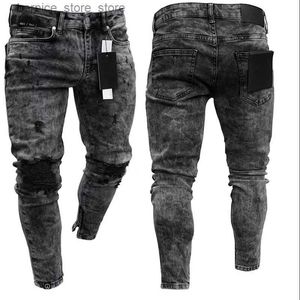 Men's Jeans Biker Jeans Men's Distressed Stretch Ripped Biker Jeans Men Hip Hop Slim Fit Holes Punk Jeans Zipper Pure Color Denim Pants Q231213