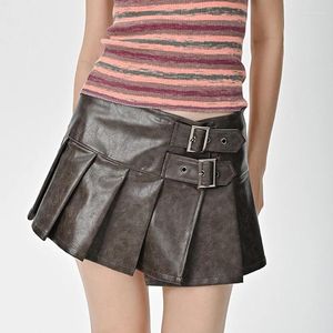 Skirts Women's Leather Skirt Fashion 2024 Y2k Korean Low Rise Mini Knee Length Female Sexy Pleated Dark Brown Black