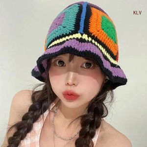 Berets Summer Color Matching Crochet Bucket Hat Ladies Spring Commute Camping Hollow Out Design Fisherman Cap For Girlfriend