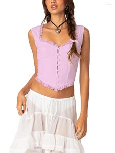 Tanques femininos Mulheres Y2K Lace Trim Tank Crop Tops Low Cut Button Down Open Back Fairy Cami Saindo