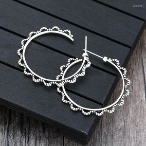 Hoop Earrings Simple Silver Color For Women Vintage Metal Engraved Spiral Bead Handmade Personality Earring Wedding Jewelry Gift