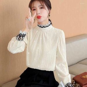 Women's Blouses Fashion Stand Collar Folds Spliced Lace Clothing 2024 Spring Loose All-match Tops Princess Sleeve Shirts