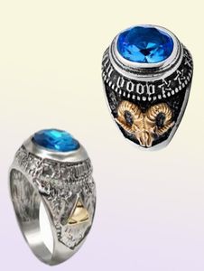 1 PCS Großes Schaf Ziege Horn Kopf Finger Ring Blau Kristall Stein Invertiertes Pentagramm Für Frauen Männer Biker Punk Tier hip Hop Schmuck3617445