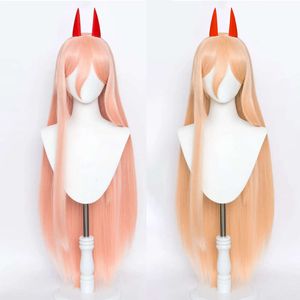 Anime Chainsaw Man Makima Power Cosplay Wig Long Orange Pink Heat Resistant Synthetic Hair Party Role Play Wigs Wigcap + Horns