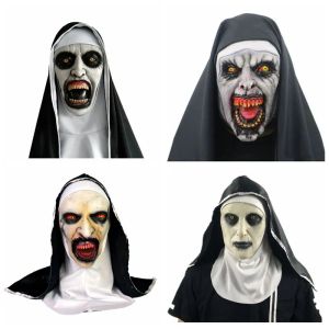 Skräcken Scary Nun Latex Mask Headscarf Valak Cosplay för Halloween kostym ansiktsmasker med huvudstycket BJ