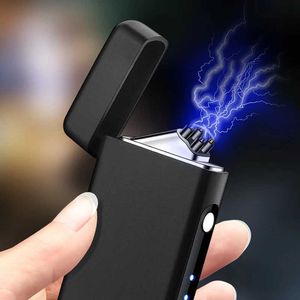 2023 USB Charging Dual Flame Arc Lighter LED Display Windproof Electric Flameless Metal Cigar for Men's High end Gifts