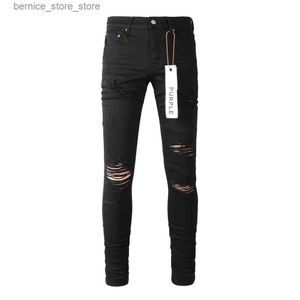 Jeans masculinos marca roxa preto denim homens slim fit streetwear angustiado estiramento magro danificado destruído buraco rasgado jeans streetwear q231213
