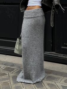 التنانير absobe طية فوق Maxi Maxi Skirt Women Woolen Woolen Solid Color Wrap Hip Tie Tie Tie Autumn Dressual Commutwear 231212
