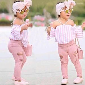 Clothing Sets Pink Plaid Style Summer Children's Different Design Girl 3pcs Off Shoulder T-shirt Kids Clothes Set