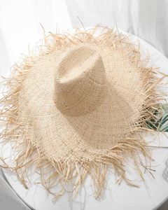 100 Natural Raffia Straw Hat Women Summer Floppy Jazz Sun Large Wide Brim Fringe Beach Cap Hand Weave Panama Caps5689293