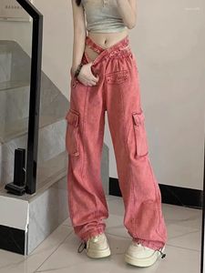 女子ジーンズの女性ピンク貨物パンツハイウエストカジュアルビンテージファッションレジャーストレートワイドレッグ2023モッピングズボン