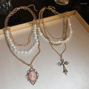 Pendant Necklaces Three-layers Rhinestone Pearl Oval Cross Necklace For Women French Retro Court Style Sweater Chain Jewelry