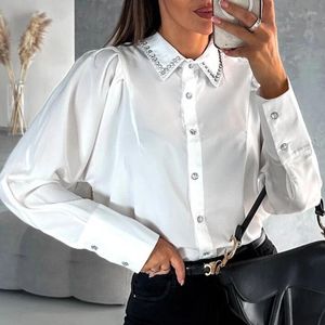 Womens Blouses Lady Turn Down Collar Button Solid Top Casual Long Sleeve Patchwork Slim Shirt Office Women 2024 Spring Summer Blouse