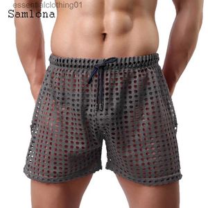 Mäns shorts sexiga ihåliga shorts 2022 europeisk stil casual strand korta korsbörda svarta män ser genom fetisch lösa drstring hotpants l231212