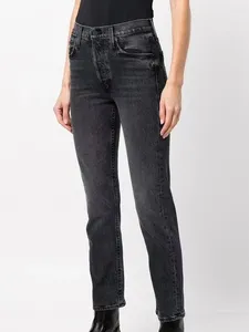 Jeans da donna Autunno Inverno Donna Lettere ricamate Grigio scuro Gamba dritta piccola Casual ritagliata