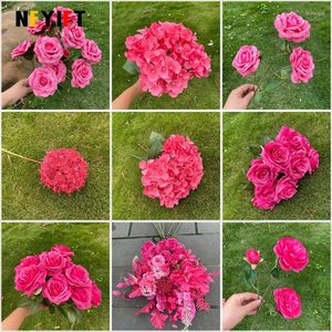 Decorative Flowers Pink Series Artificial Wedding Floral Arrangement Materials Rose Hydrangea Plant Leaves Home Room Table Vase Decor Flower