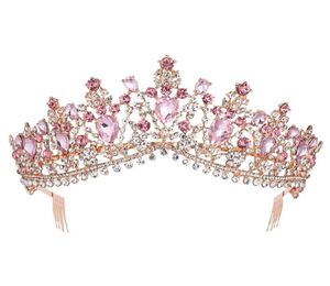 Barock Rose Gold Pink Crystal Bridal Tiara Crown med Cam Pageant Prom Rhinestone Veil Tiara Pannband Bröllop hårtillbehör Y4415480