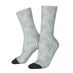 Mäns strumpor glad rolig art deco fläktmönster ljus grå vit vintage harajuku geometriska mönster besättningar galna sock gåva tryckt