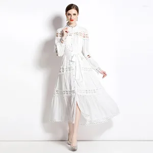 Casual Dresses Luxury Hollow Out Brodery Summer White Maxi Dress Women's Stand Collar Long Lantern Sleeve Designer Lossa Lace Up Vestidos