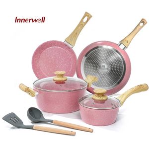 Set di pentole Innerwell 4 pezzi Pentole da cucina Pentole Set di padelle Padella antiaderente Coperchio in vetro Senza tossine Pentole in pietra di granito compatibili con tutti i fornelli 231211