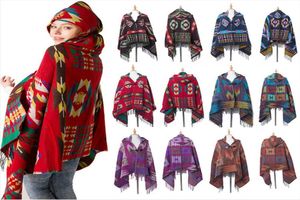 Feminino boêmio gola xadrez com capuz cobertor capa poncho moda lã mistura inverno outwear xale cachecol dda7556709836
