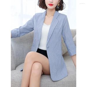 Kvinnors kostymer S-5XL Kvinnor Blazer Jacket Stripe Thin Three Quarter Sleeve Slim Spring Summer Autumn Casual Office Work Plus Size Beige Blue