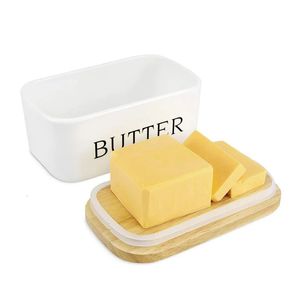 Dishes Plates Nordic Butter Sealed Ceramic Box Whiteboard Wooden Cover Cheese Container Tray Kitchen Tool 231211